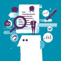 Illustration of a person with icons representing data analysis, research, and professional development, including graphs, a magnifying glass, and a certificate.